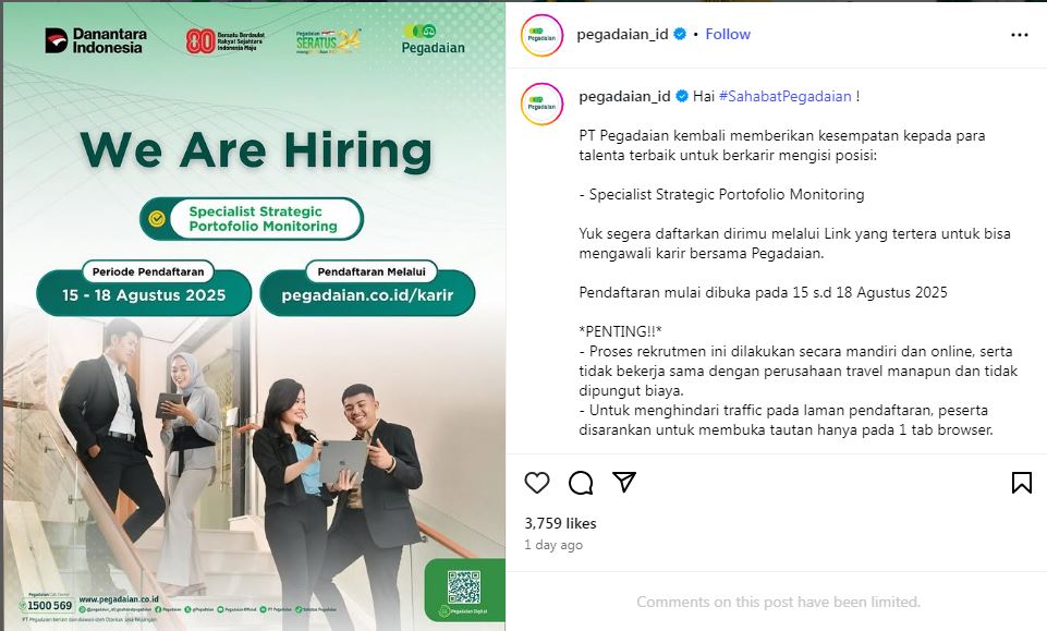 Pegadaian Buka Lowongan Kerja Specialist Strategic Portfolio Monitoring, Cek Syarat dan Cara Daftarnya!